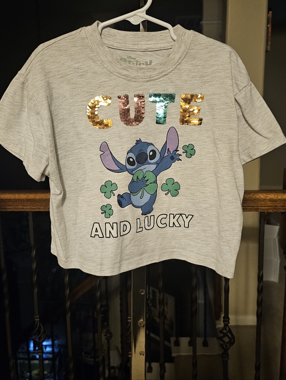 Disney Light Gray Tee with Multicolor Sequin 'CUTE' and Blue Stitch